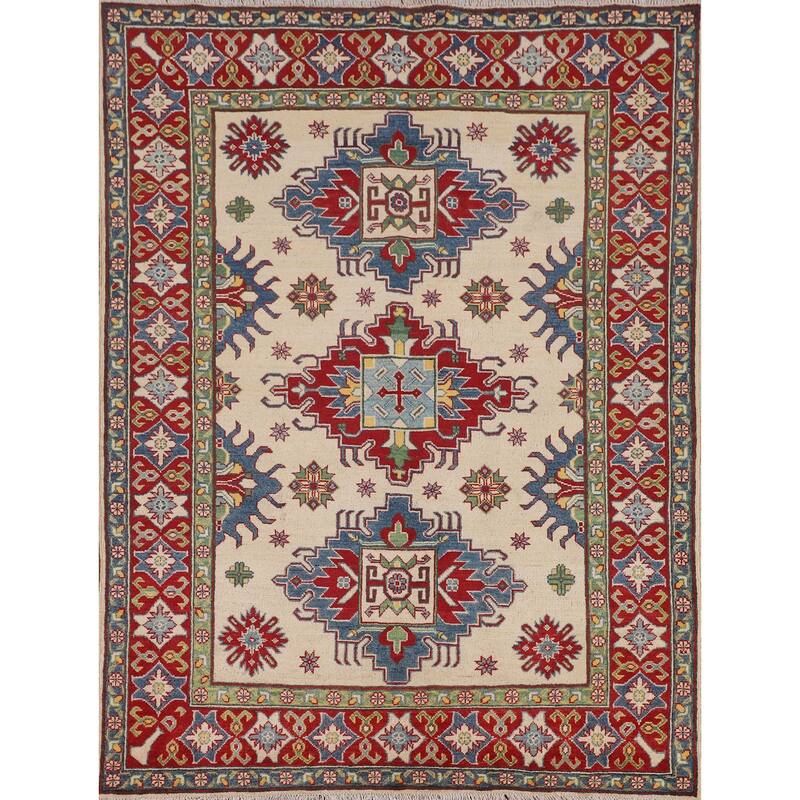 Ivory Kazak Oriental Area Rug Hand-Knotted Geometric Wool Carpet - 5'1" x 6'7"