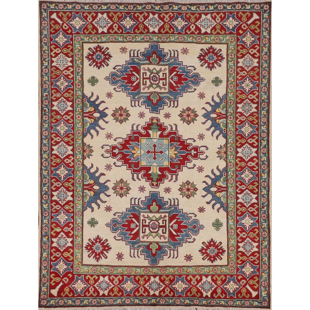 Ivory Kazak Oriental Area Rug Hand-Knotted Geometric Wool Carpet - 5'1" x 6'7"