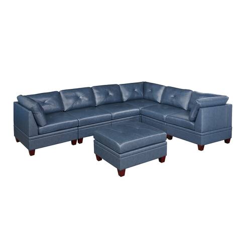 Leather Upholstered 5-seat Sectional Sofa for Living Room, Apartment,High-density Foam, Removable Ottoman,Wood Legs