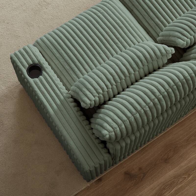 Modern 126-inch Corduroy Sofa with 4 Cushions, Movable Footrest, USB Ports, and Cup Holders
