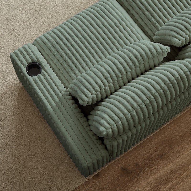 Super Large 126-Inch Corduroy L-Shaped Sofa with Cup Holders, USB Port, Movable Footrest, and 8 Cushions.
