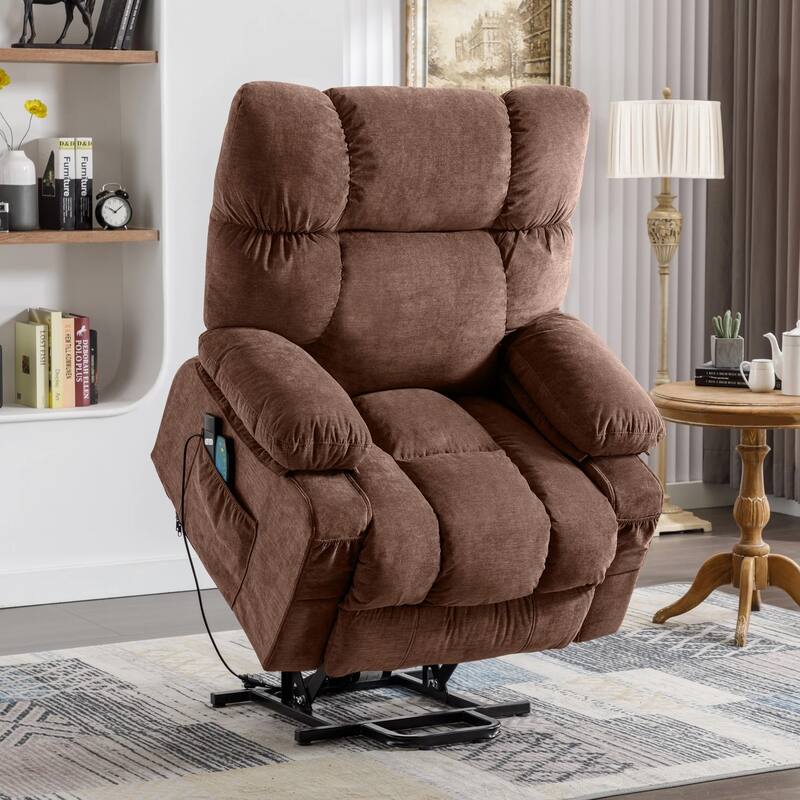 Blue Power Lift Recliner with Heating, Massage, USB Charging, Side Storage, and Remote Control Functionality