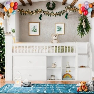 Twin Size Loft Bed with Staircase,Kids Loft Bed with LED,White