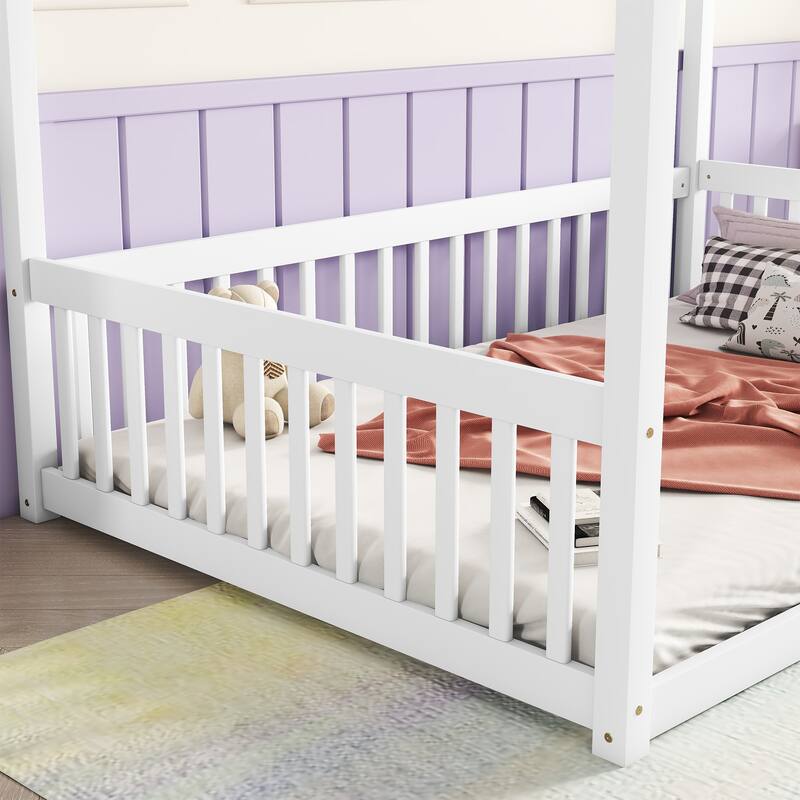Full Size Canopy Frame Floor Bed with Fence and Guardrails in White