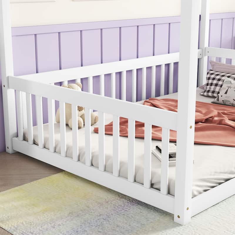 Roomfitters Full Canopy Frame Floor Bed, Rubber Wood Platform with Guardrails and Low-Profile Design, White