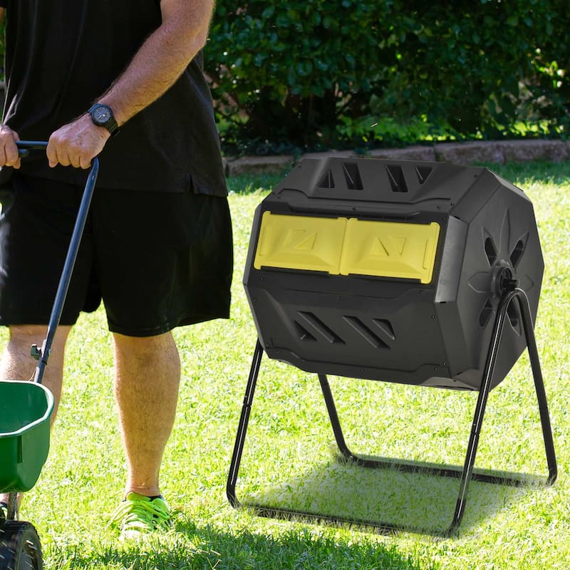 Outsunny Tumbling Compost Bin Outdoor Dual Chamber 360-deg Rotating Composter 43 Gallon w/ Sliding Doors & Solid Steel Frame