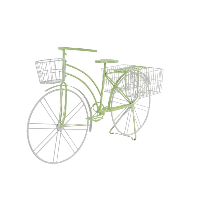 Metal Bike Indoor Outdoor Plantstand with Basket and Saddle Bag Planters - Green - Roche River Decor - 22"W x 63"L x 35"H