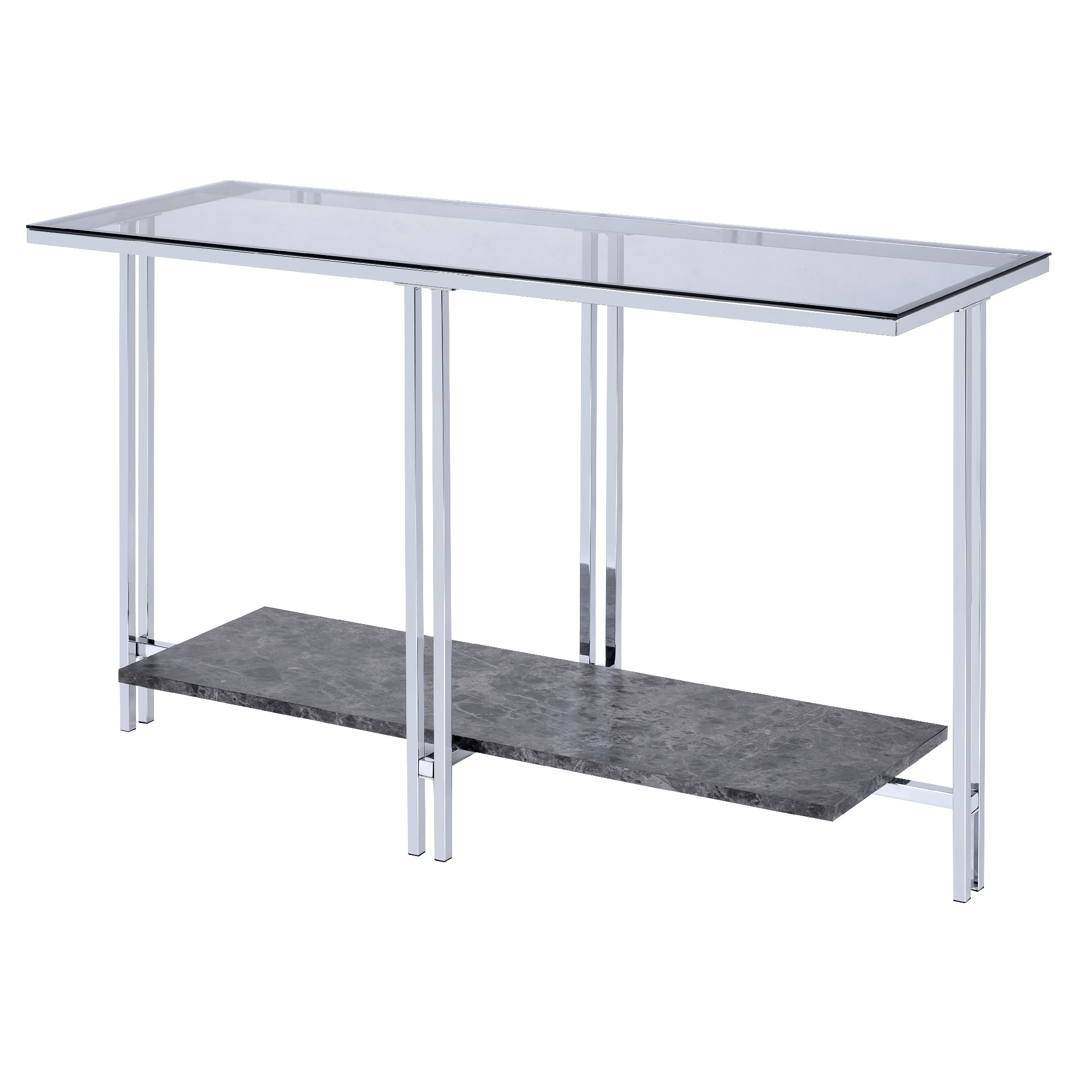 Benjara Glass Top Metal Sofa Table with Marble Bottom shelf, Silver and Clear