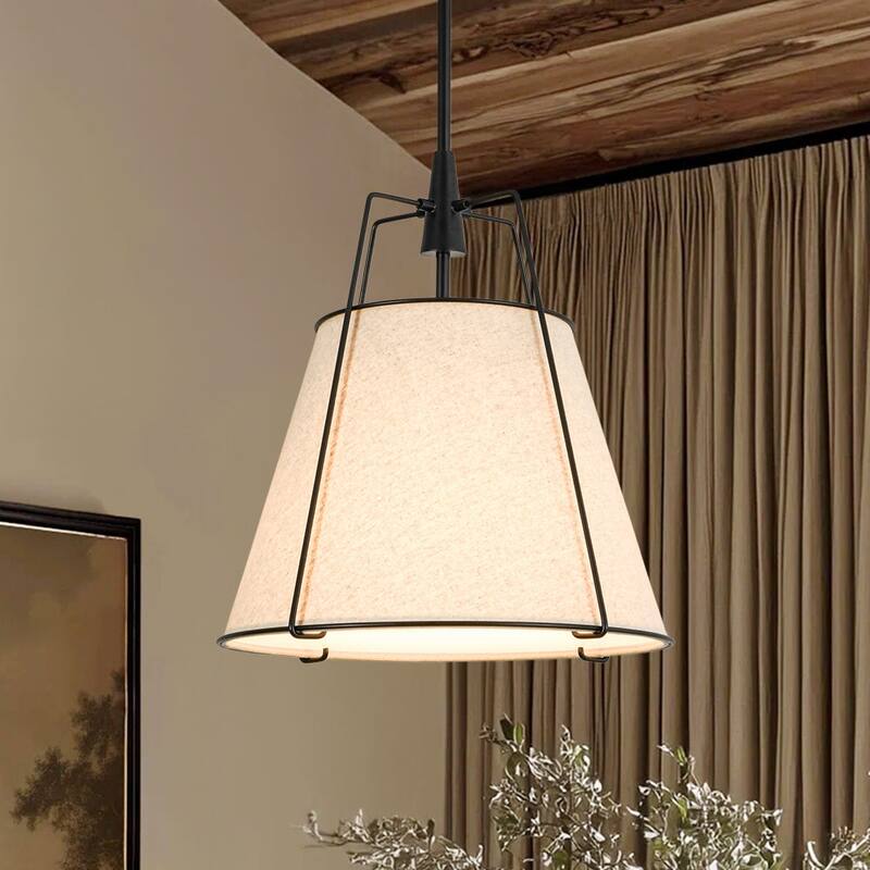 Mid Century 4-Light Conical Ivory Linen Lantern Pendant Ambient Light