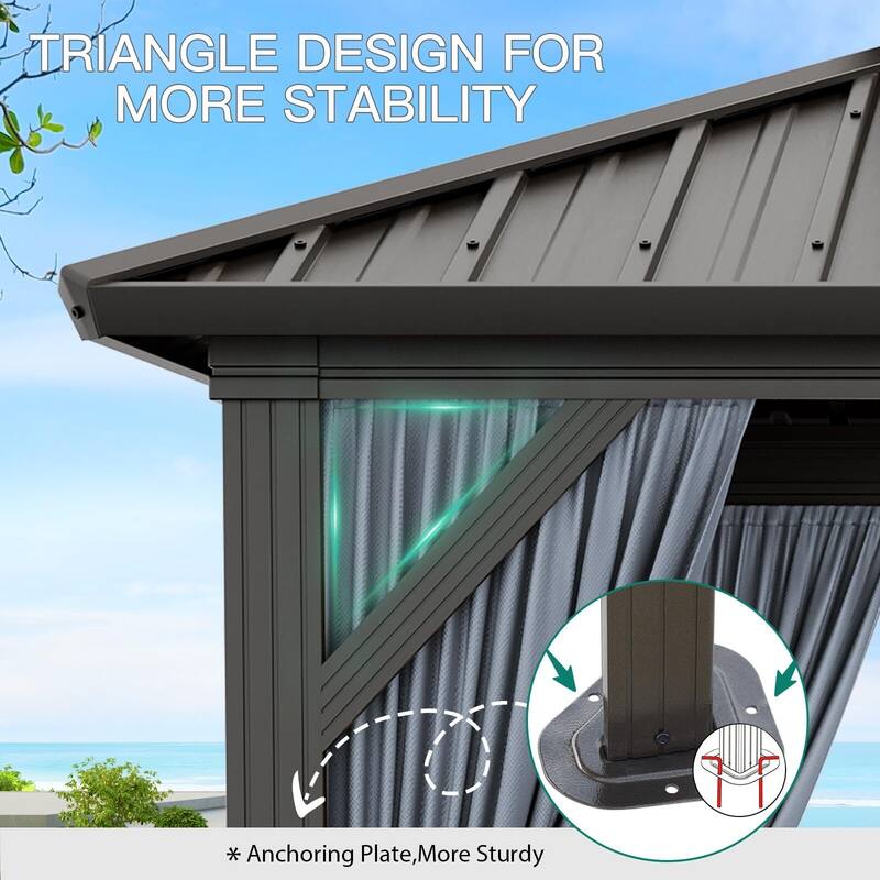 Outdoor Galvanised Steel Hardtop Gazebo, with Netting and Sunshade Curtains