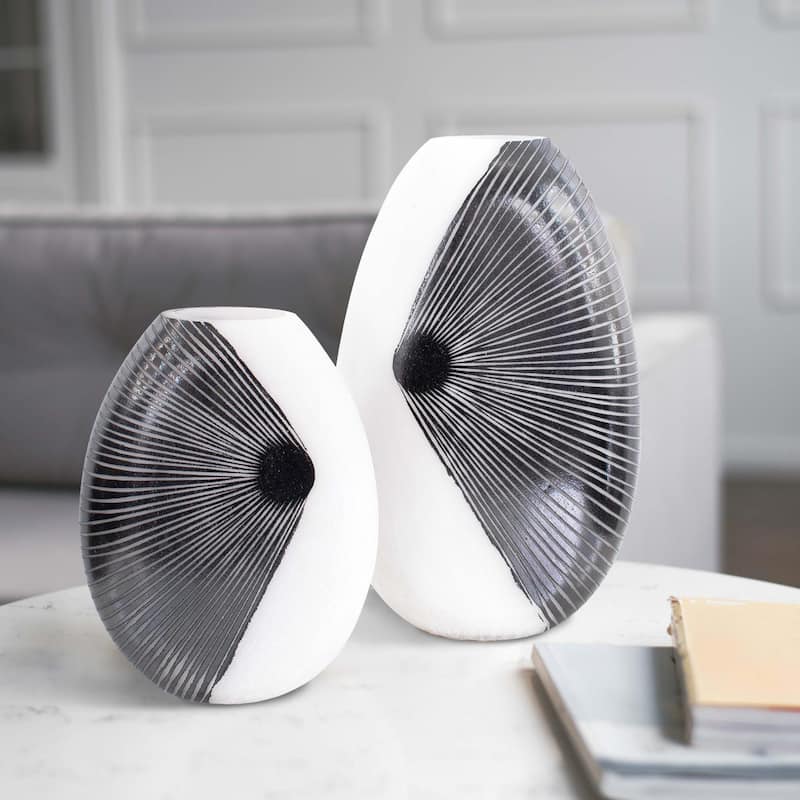 Allan Andrews Contemporary Glossy White Blown Glass Vase with Black Rays