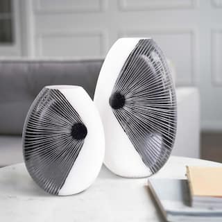 Allan Andrews Contemporary Glossy White Blown Glass Vase with Black Rays