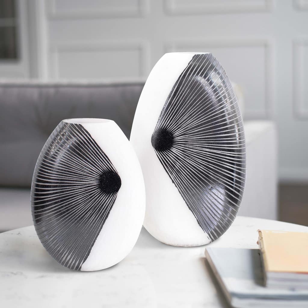 Allan Andrews Contemporary Glossy White Blown Glass Vase with Black Rays