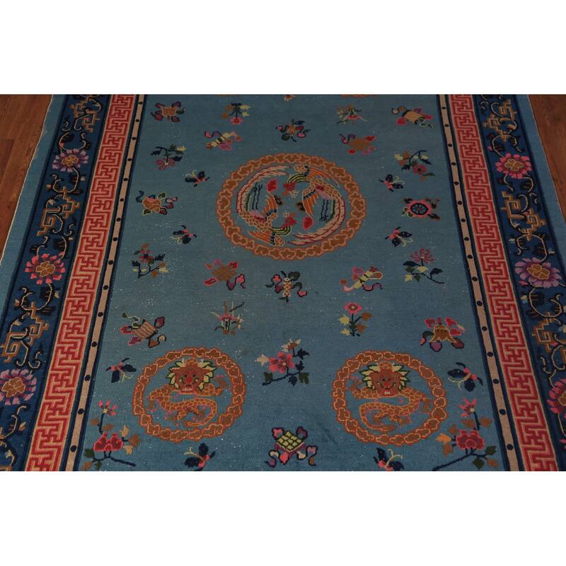 Vegetable Dye Blue Art Deco Chinese Vintage Handmade Wool Carpet - 6'5" x 9'7"