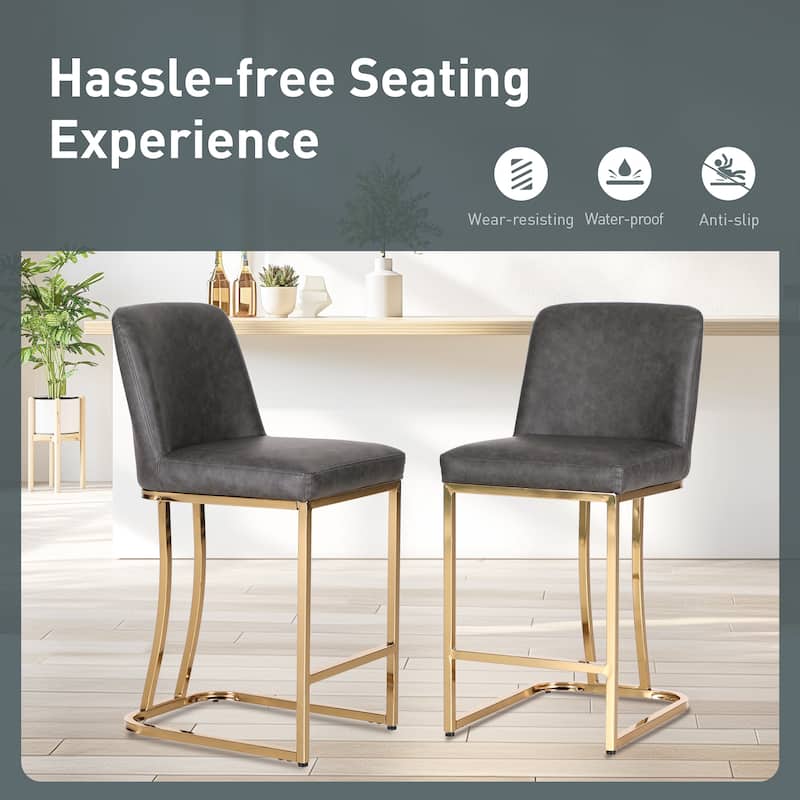 Bar Stool PU Leather Upholstered Dining Chair Middle Back Kitchen Stool Modern with Gold Polished Frame