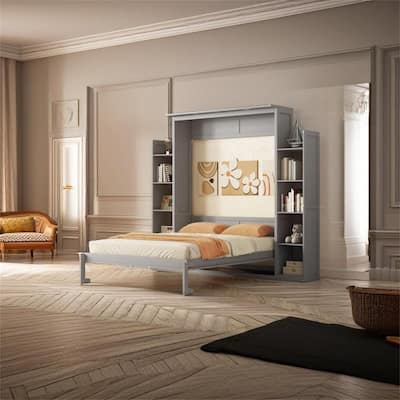 Queen Size Murphy Bed Wall Bed with Shelves and LED Lights