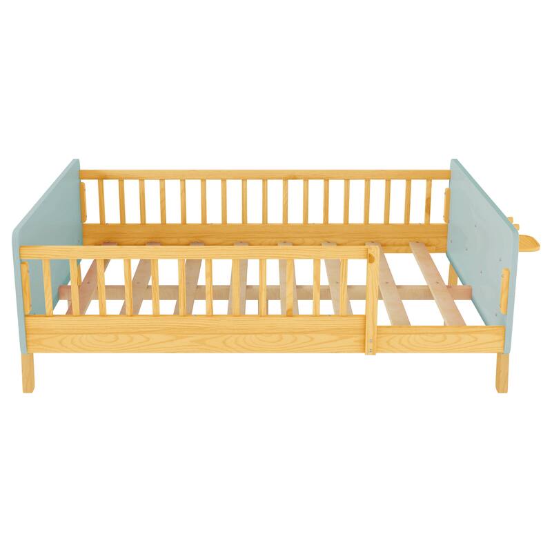 Kids Wood Platform Bed with Guardrails, Bottle Holder and 2 Hanging Rod, Convertible Toddler Daybed, Low Profile Design Frame