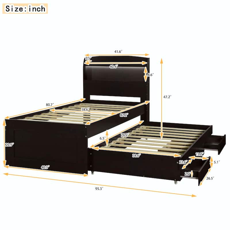 Twin XL Size Platform Bed with LED Headboard and Twin Trundle