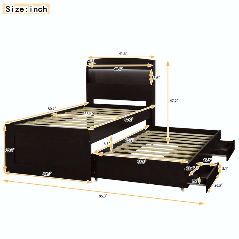 Twin XL Size Platform Bed with Storage LED Headboard, Charging Station