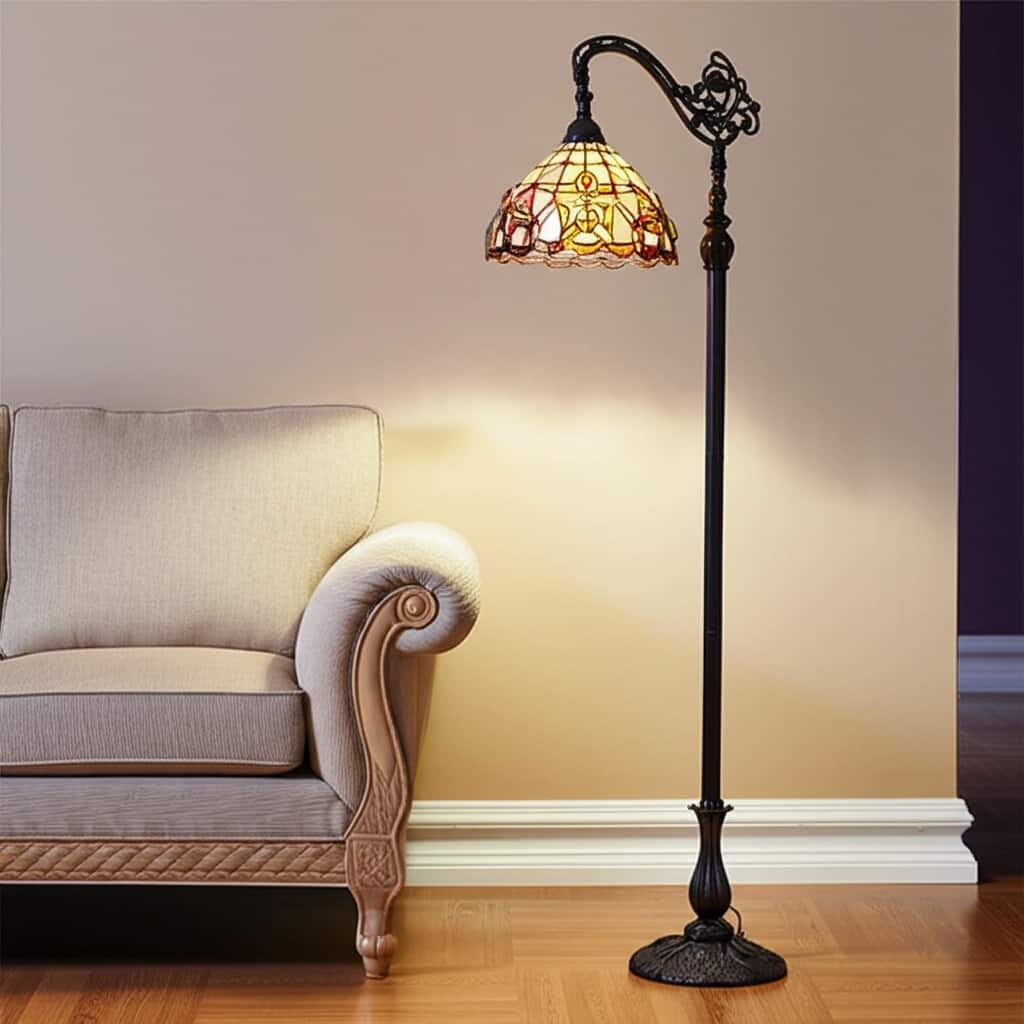 HomeRoots 62" Brown Metal Arched Floor Lamp With Amber and Red Flowers Stained Glass Shade - 11