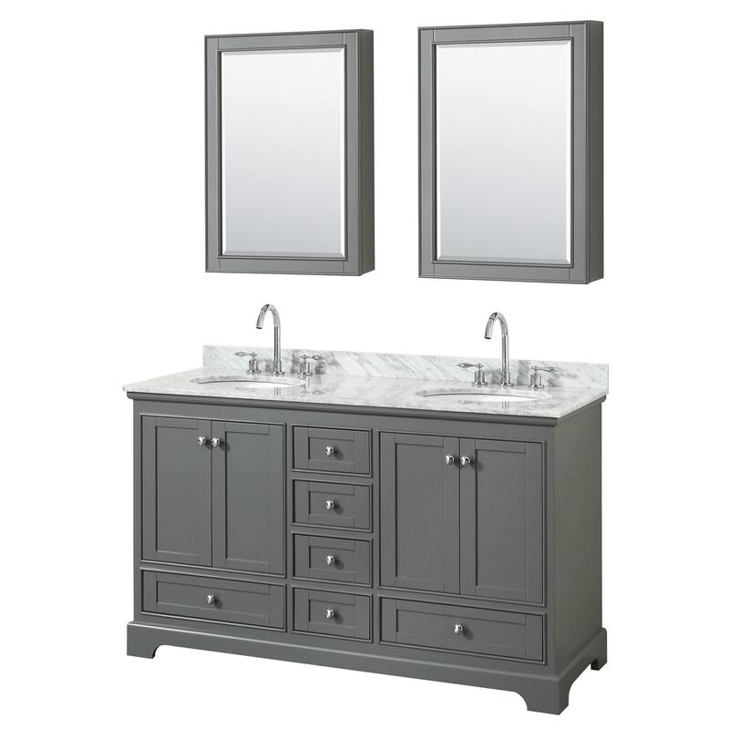 Deborah 60-inch Dark Gray Double Vanity, Oval Sinks, Med Cabs - Dark Gray, Chrome, White Carrara Marble Top