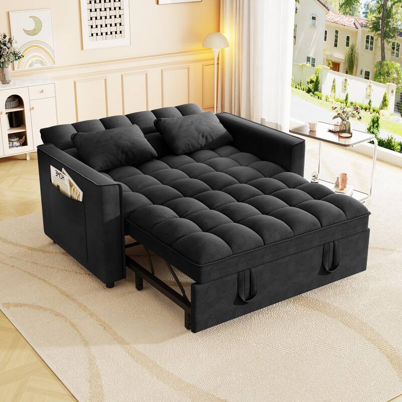 Sleeper Sofa Couch w/Pull Out Bed, Modern Velvet Convertible Sleeper Sofa Bed, Small Love seat Sofa Bed w/Pillows & Side Pockets