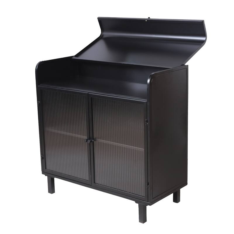 Kitchen Pantry with Tempered Figured Glass Doors, Buffet Cabinet with Flip Top and Shelves, Storage Cabinet with Metal Frame