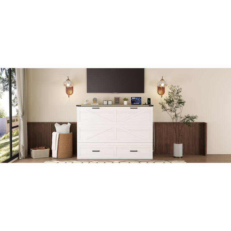 Queen Size Farmhouse Murphy Cabinet Bed with Charging Station, Foldable Platform Bed with Large Storage Drawer