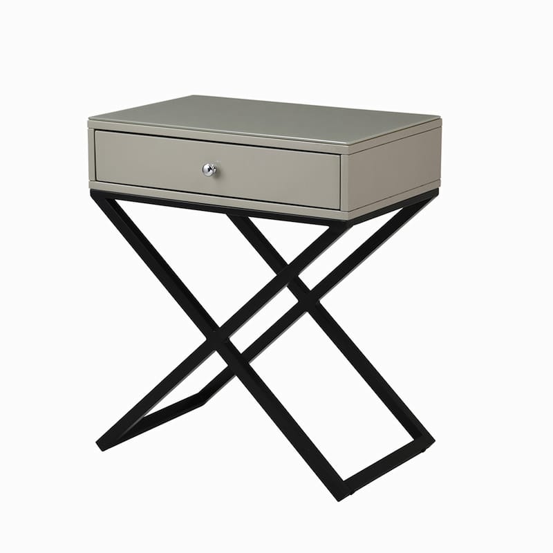 Wooden End Side Table Nightstand with Glass Top, Drawer and Metal Cross Base - Grey