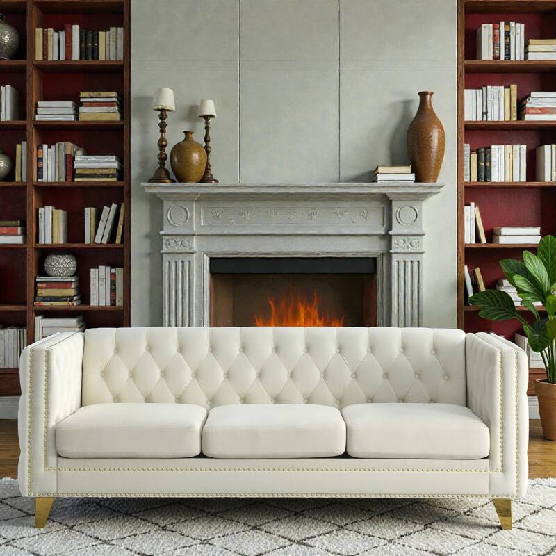Modern Velvet Chesterfield Sofa for Living Room, Button-Tufted 3-Seater Couch with Square Arms and Metal Legs - Beige