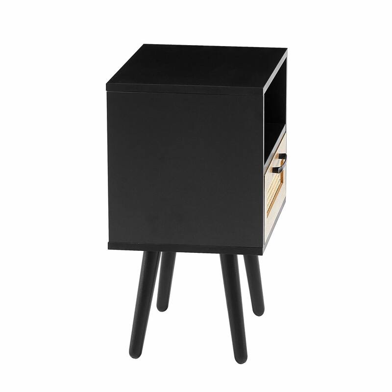 Rattan Nightstand with Drawer, Solid Wood Legs, 16"" Side Table