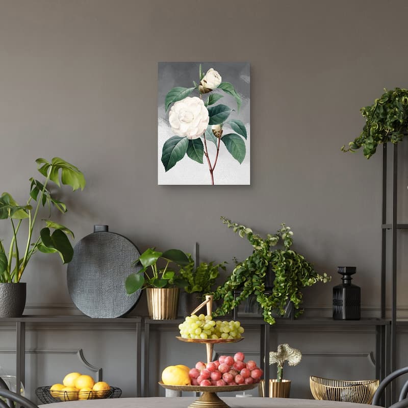 White Common Camellia Grey Canvas Art Print