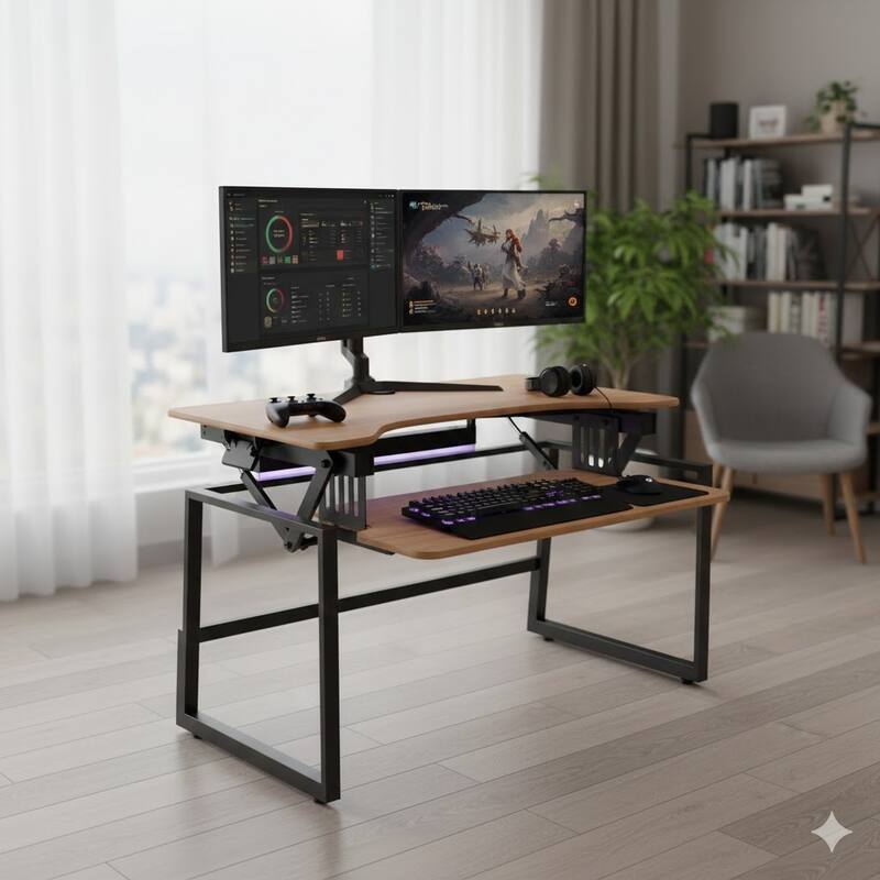 Rocelco 40 in.W Beige Height Adjustable Standing Desk Dual Monitor Riser Gas Spring Assist Computer Workstation Keyboard Tray