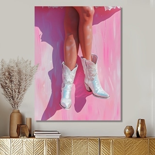Designart "Cowgirl Sitting On A Wall In NashVIlle" Cowgirls Canvas Wall Art - Modern Wall Decor Art Pink Wall Art Print