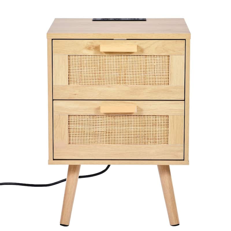 Natural Wooden Nightstand Side End Table with 2 Rattan Decorated Storage Drawers and USB Ports