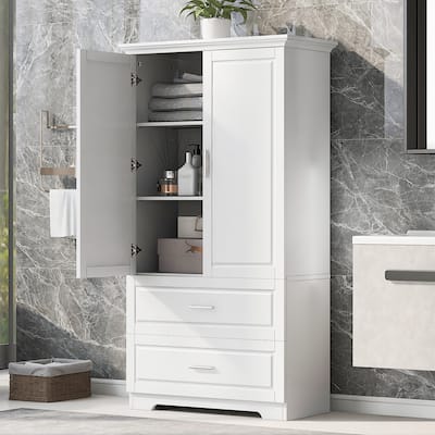 63" Tall Bathroom Storage Linen Cabinet with Two Doors and Drawers, Adjustable Shelf in White