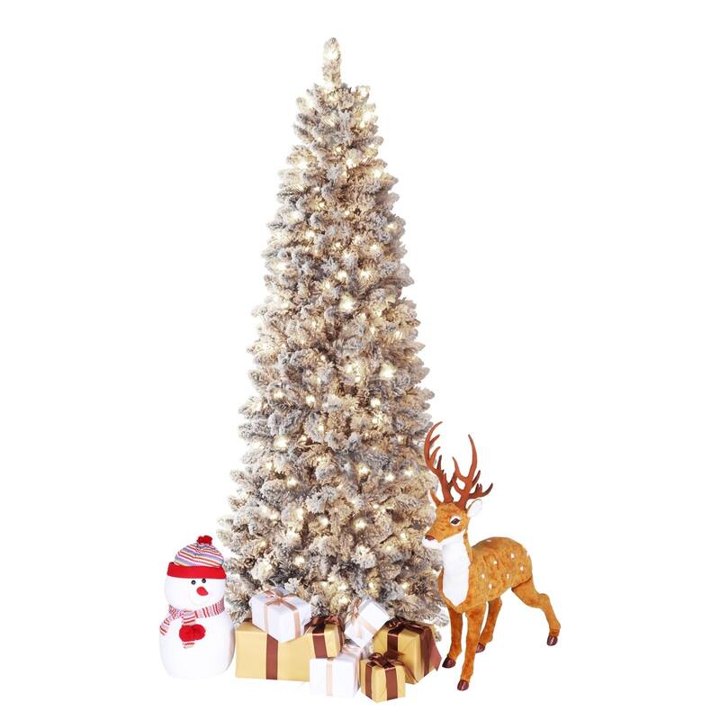 VEIKOUS Pre-Lit Artificial Christmas Tree Pencil Snow with Foldable Iron Stand with LED lights, 5.5/6.5/7.5 ft