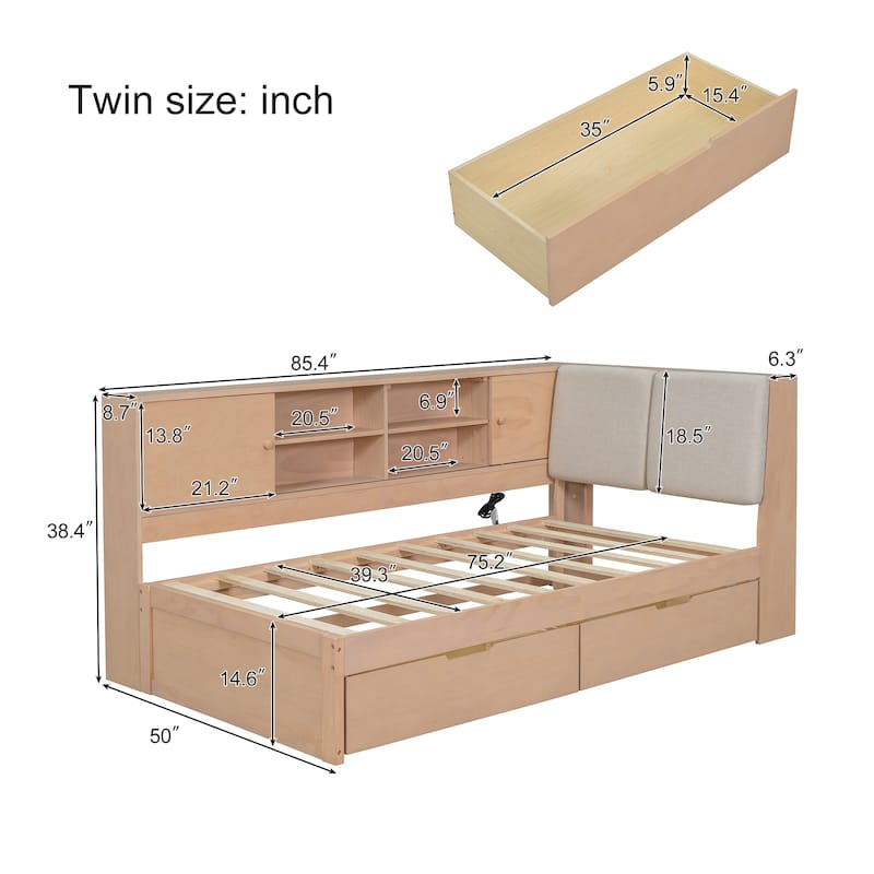 L-Shaped Daybed with Bookcase & USB Charging Port, Wood Floor Corner Bed Frame with Storage Drawers & Upholstered Headboard