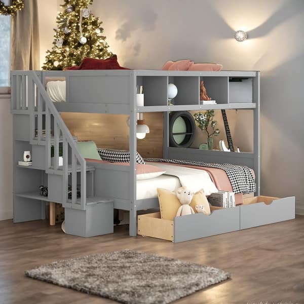 slide 2 of 14, Twin over Full Bunk Bed With Shelfs,Storage Staircase and 2 Drawers Grey
