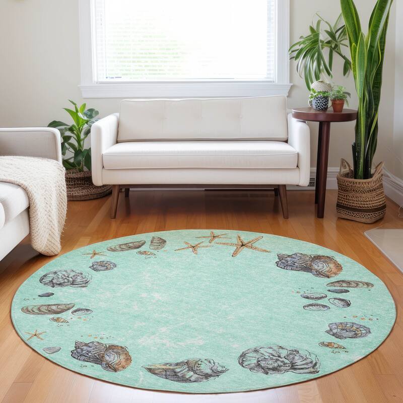 Premium Washable Super Soft Coastal Shell Border Mayfield Rug - Green - 8' x 8' - Round