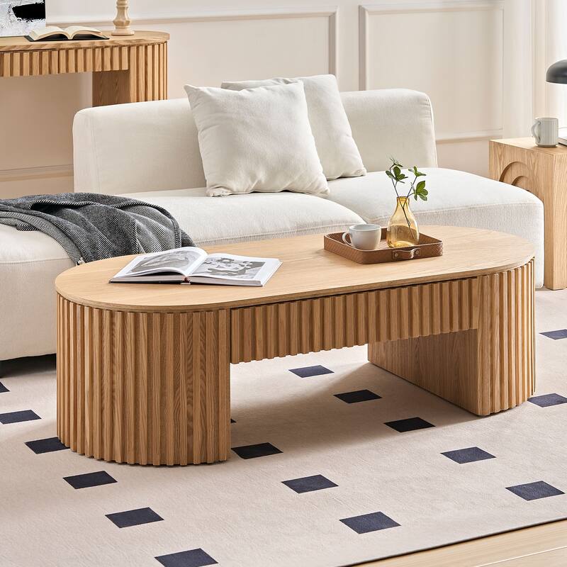 Medieval Modern Coffee Table Oval Coffee Table with Drawers and Hand-Carved Relief, for Living Room‌