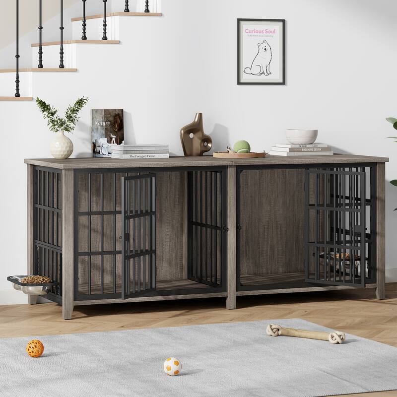 Large Dog Crate Furniture, 78"L Wooden Dog Crate Kennel with Removable Divider