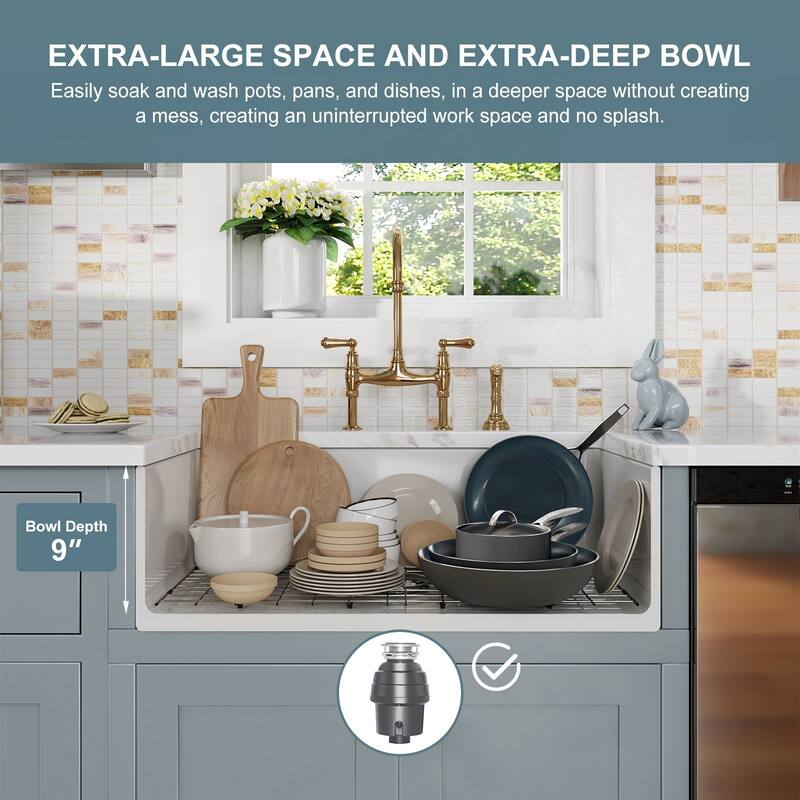 HOROW 30 in. Farmhouse/Apron-Front Single Bowl White Fireclay Kitchen Sink with Bottom Grid and Strainer