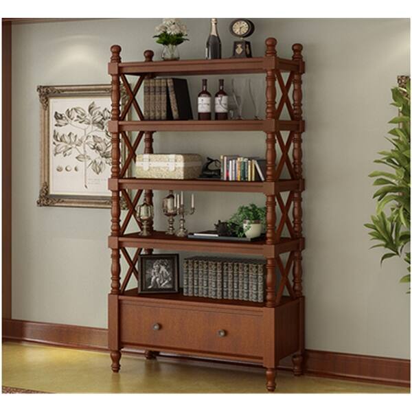 slide 1 of 5, Solid Wood Bookcase, 5-Tier Tall Bookshelf with Storage Drawer, Etagere Display Shelves