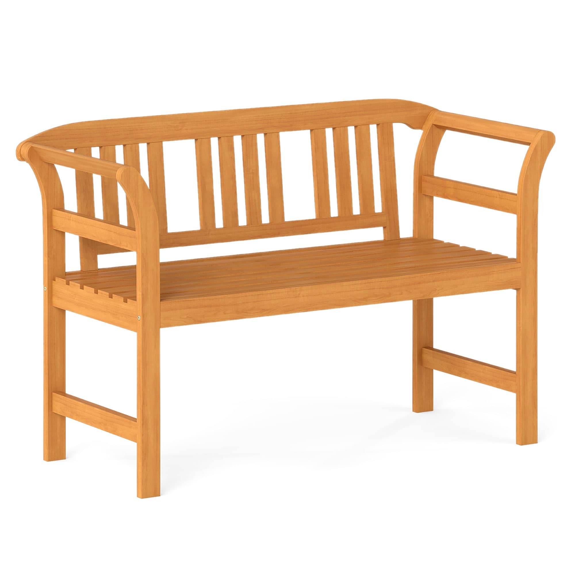 Wood Outdoor Bench 2-Person Patio Wood Bench with Curved Armrests