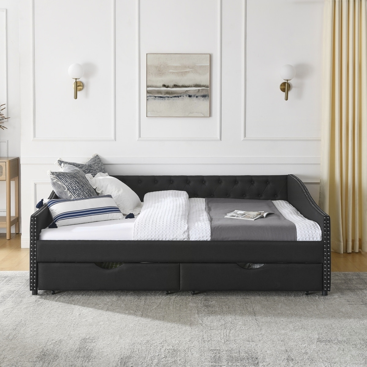 Upholstered Tufted Sofa Bed Daybed with Drawers