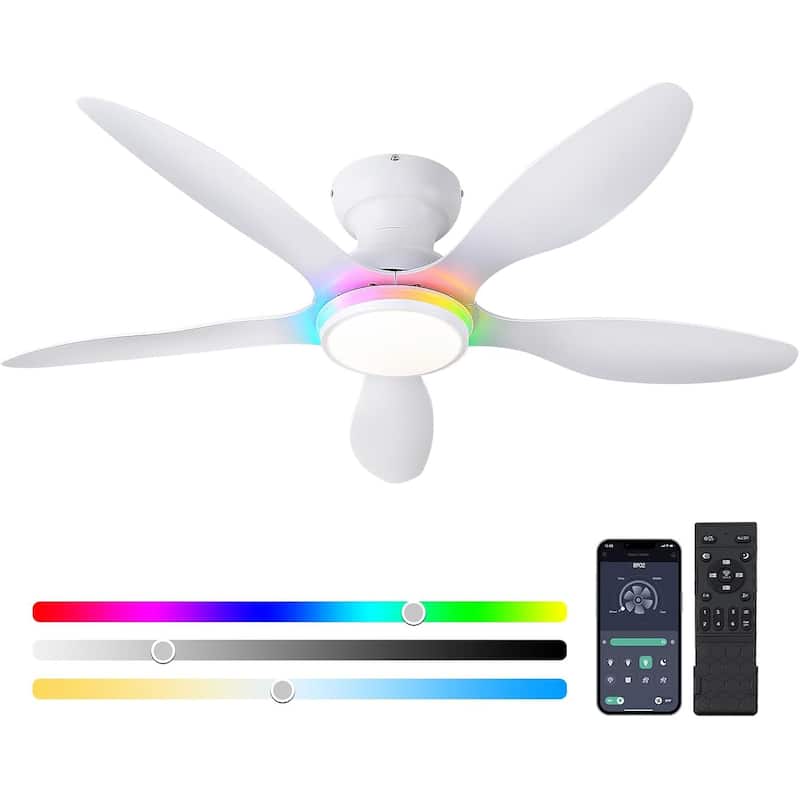 46" Modern Flush Mount Ceiling Fan with LED Light and Remote APP Control Reversible DC Motor for Living Room Bedroom - 46 Inches