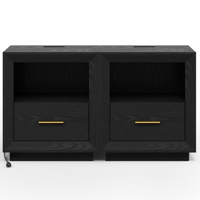 Modern Nightstand with Charging Station， Set of 2 - Black