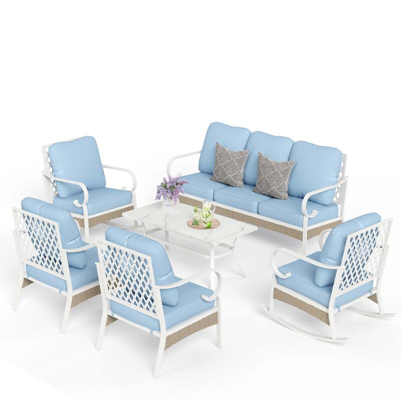 MAISON ARTS 7-Seat Patio Conversation Set, 2/4 x Cushioned Metal Chair, 1 x 2-Seat Sofa,1 x 3-Seat Sofa with Coffee Table - Set 2 - Baby Blue