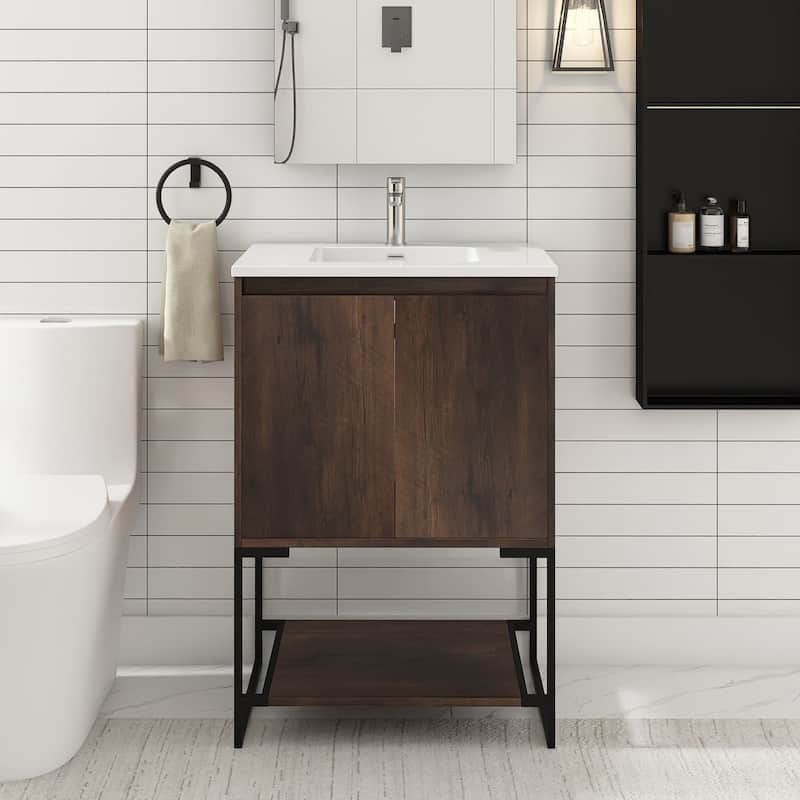 24-inch Freestanding Bath Vanity with White Cultured Mable Top - Rose Wood